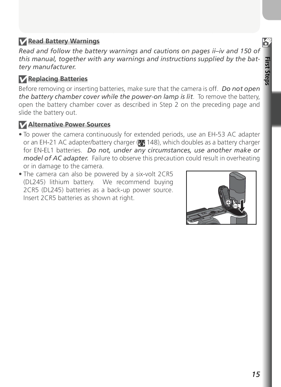 Nikon COOLPIX5400 manual Read Battery Warnings, Replacing Batteries, Alternative Power Sources, First Steps 