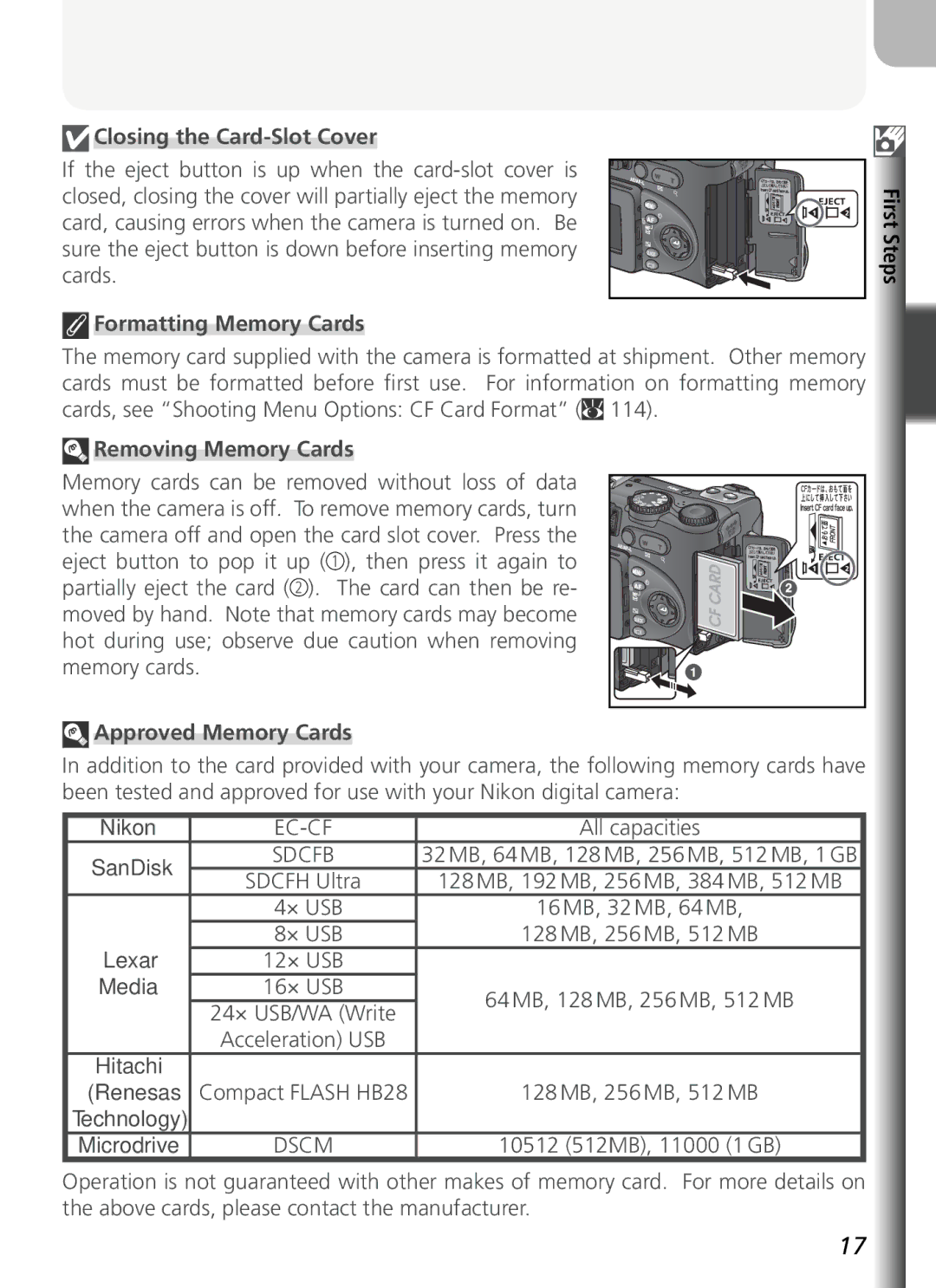 Nikon COOLPIX5400 manual Closing the Card-Slot Cover, Formatting Memory Cards, Removing Memory Cards, Approved Memory Cards 