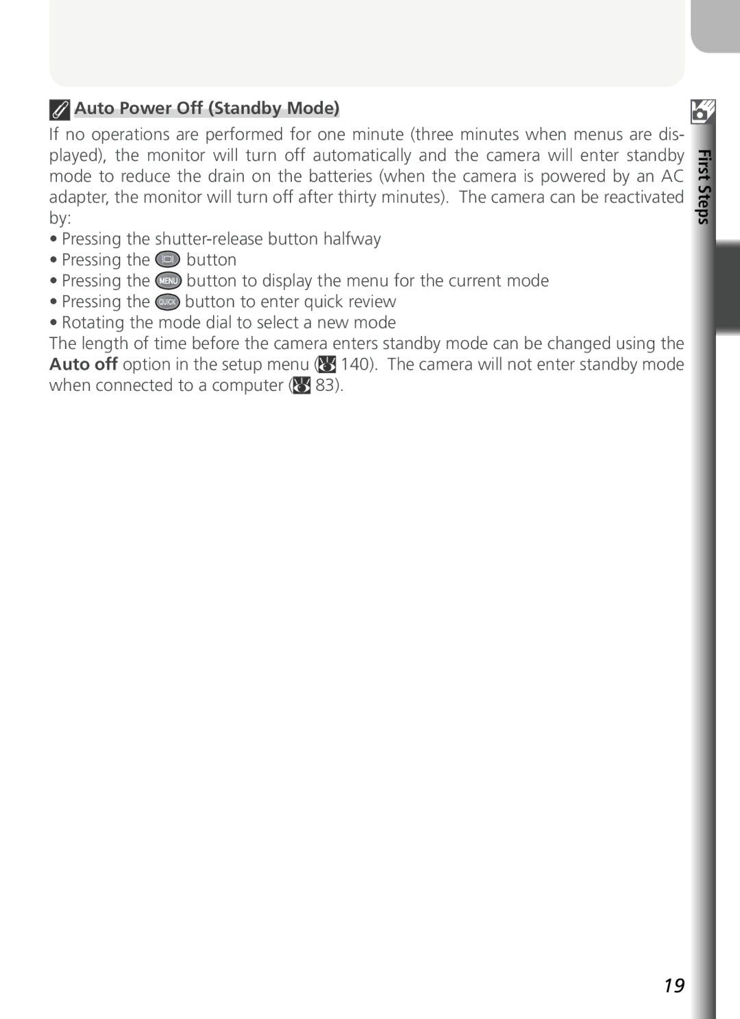 Nikon COOLPIX5400 manual Auto Power Off Standby Mode 