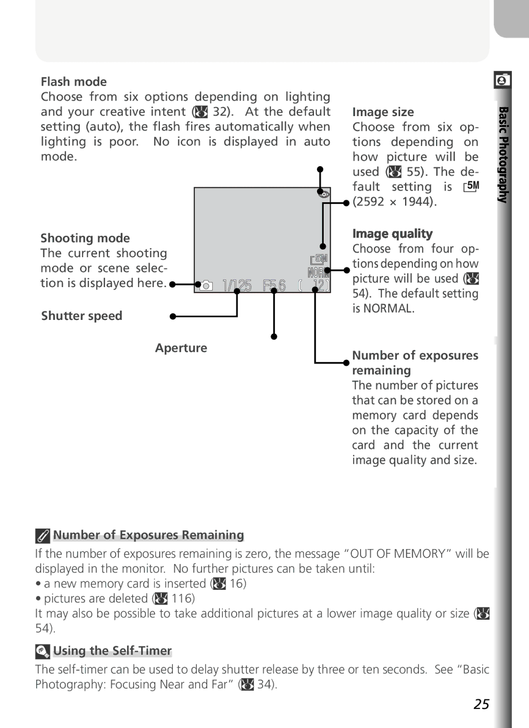 Nikon COOLPIX5400 manual Flash mode, Image size, Shooting mode, Shutter speed Aperture Number of Exposures Remaining 