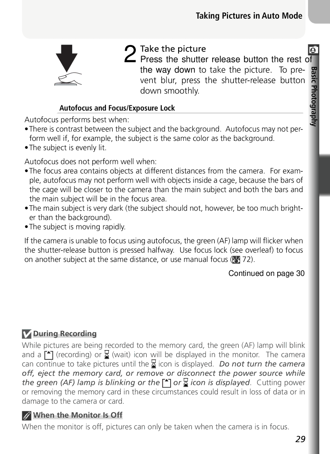 Nikon COOLPIX5400 manual Take the picture, More on Autofocus and Focus/Exposure Lock, Autofocus performs best when 