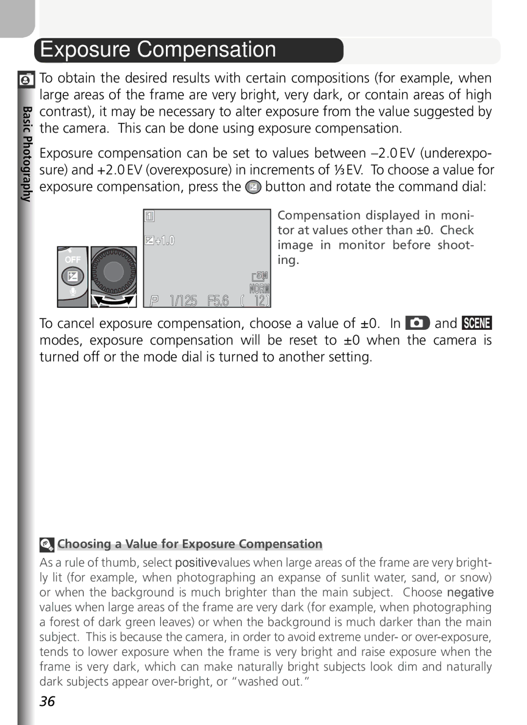 Nikon COOLPIX5400 manual Choosing a Value for Exposure Compensation 