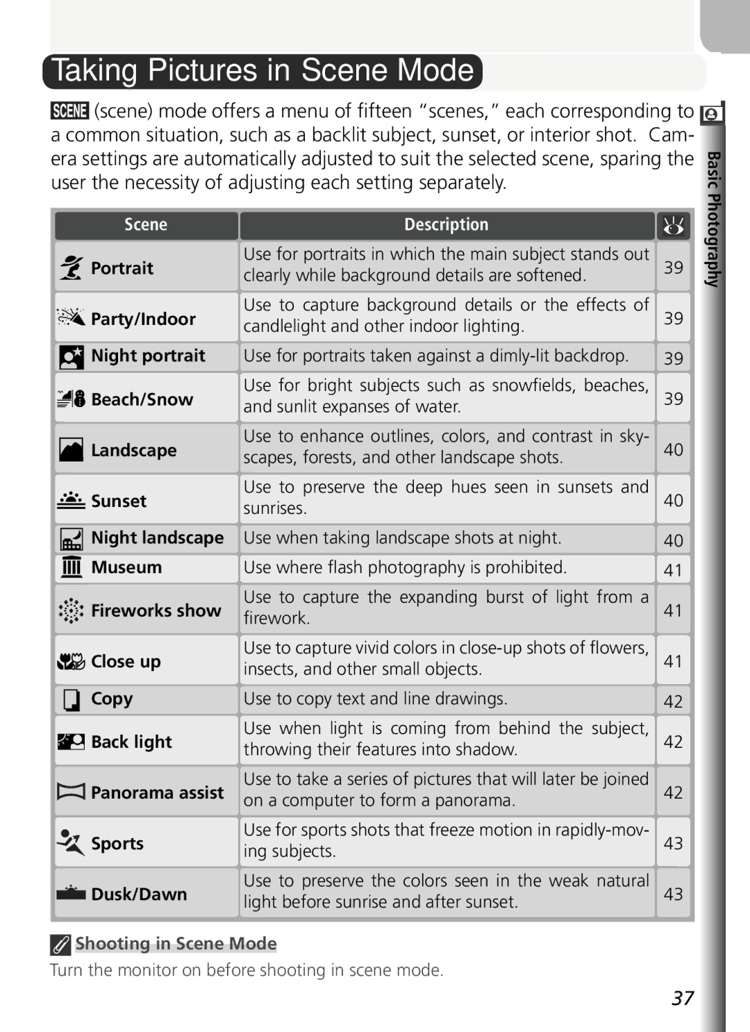 Nikon COOLPIX5400 manual Taking Pictures in Scene Mode, User the necessity of adjusting each setting separately 