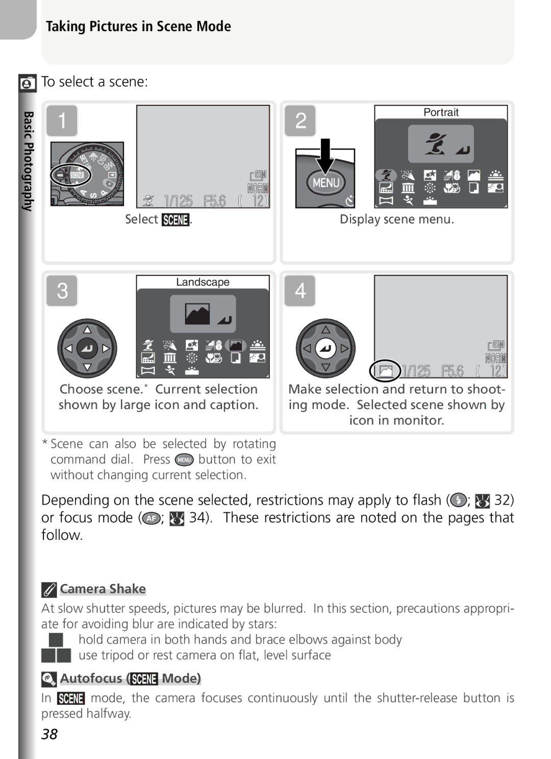 Nikon COOLPIX5400 manual Taking Pictures in Scene Mode, To select a scene, Camera Shake 