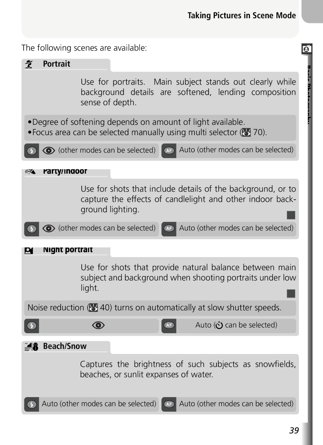 Nikon COOLPIX5400 manual Following scenes are available, Portrait, Ground lighting, Beach/Snow, Auto can be selected 