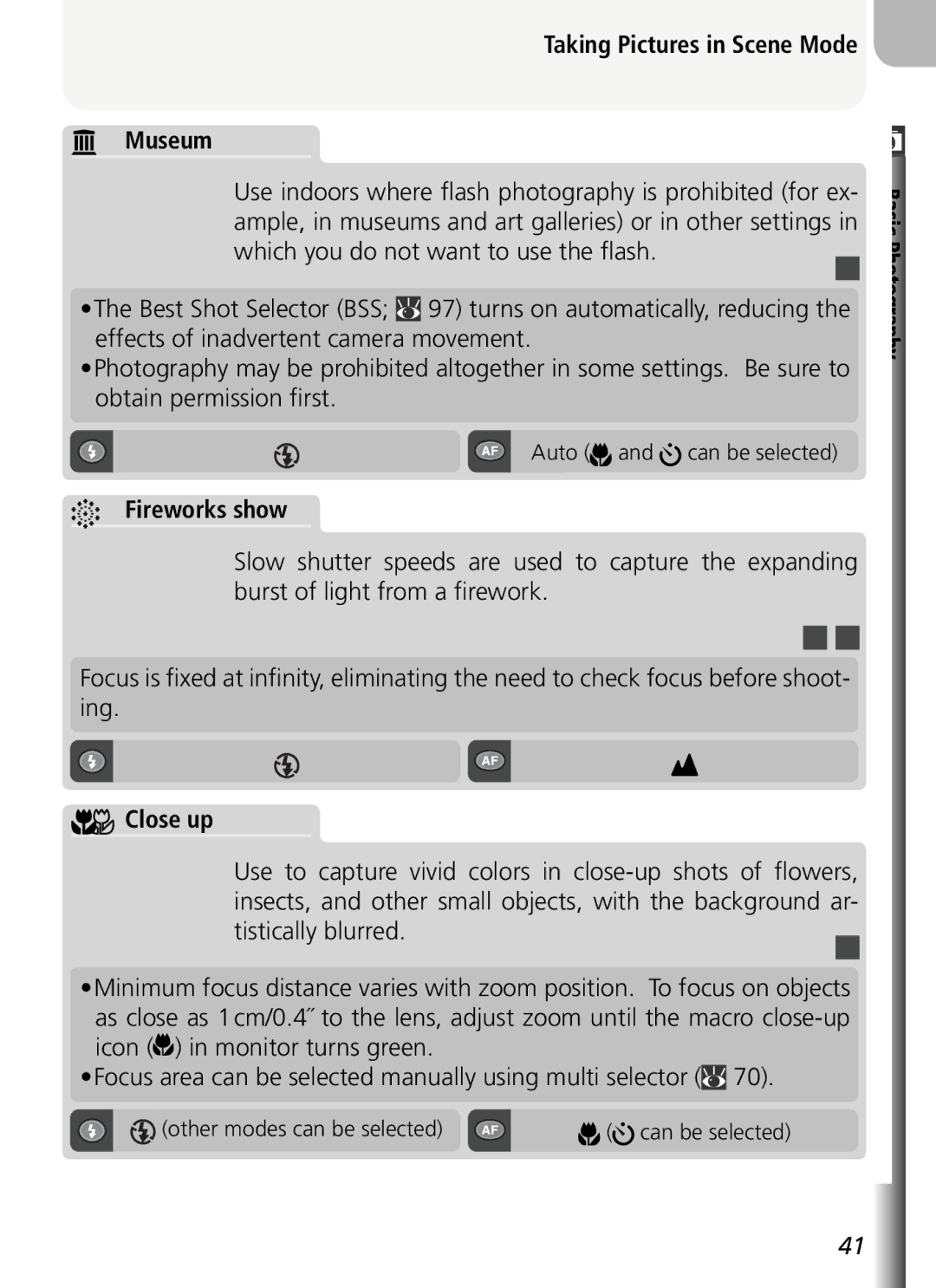 Nikon COOLPIX5400 manual Taking Pictures in Scene Mode Museum, Fireworks show, Close up, Auto and can be selected 