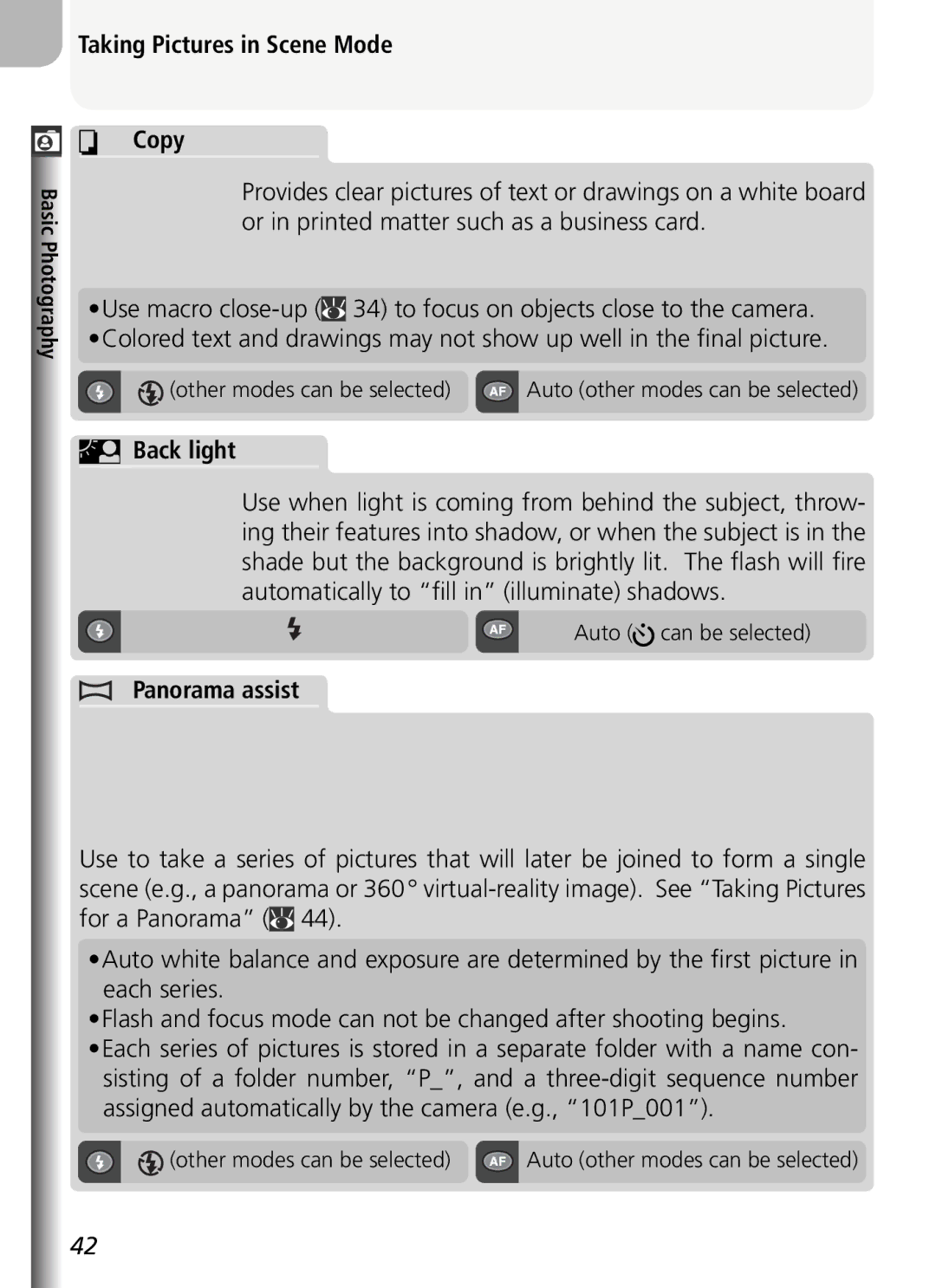 Nikon COOLPIX5400 manual Taking Pictures in Scene Mode Copy, Back light, Panorama assist, Other modes can be selected 
