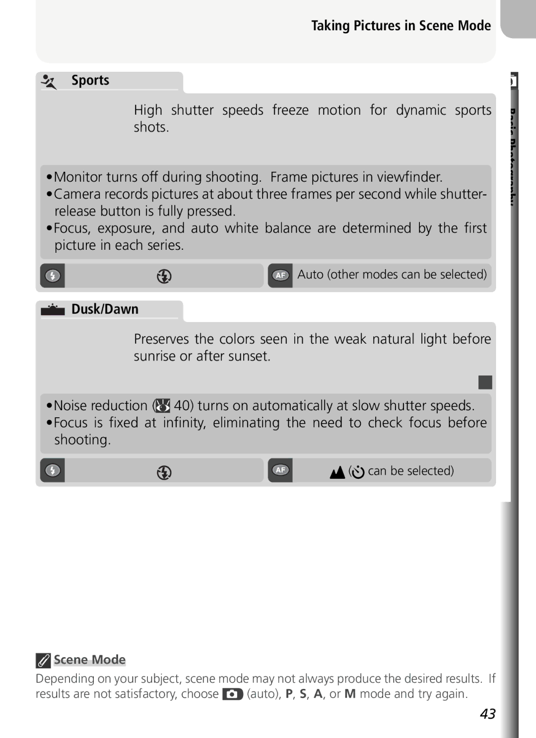 Nikon COOLPIX5400 manual Taking Pictures in Scene Mode Sports, Dusk/Dawn, Auto other modes can be selected 