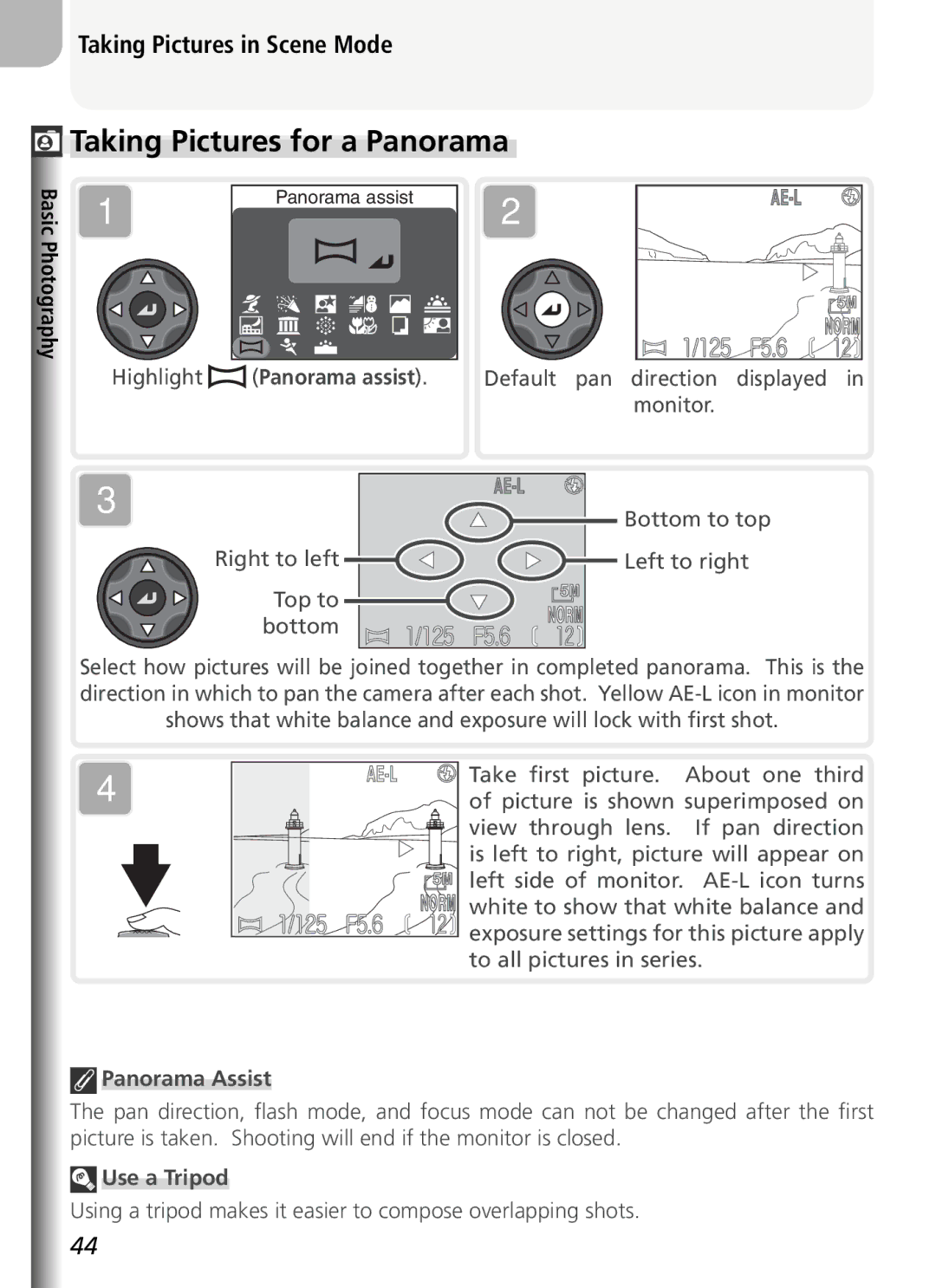 Nikon COOLPIX5400 manual Taking Pictures for a Panorama, Highlight Panorama assist, Panorama Assist, Use a Tripod 