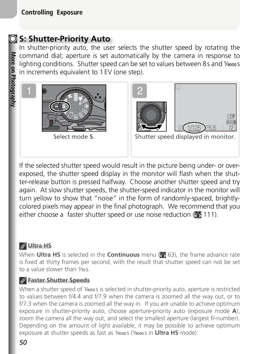 Nikon COOLPIX5400 manual Shutter-Priority Auto, Controlling Exposure, Increments equivalent to 1 EV one step, Ultra HS 