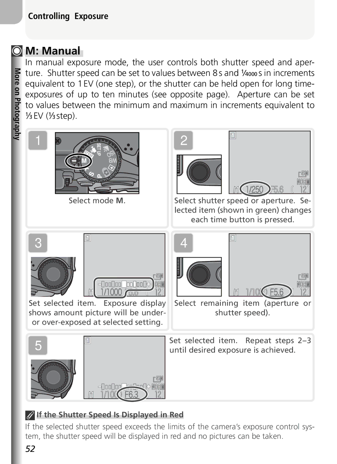 Nikon COOLPIX5400 manual Manual, EV 1 3 step, If the Shutter Speed Is Displayed in Red 