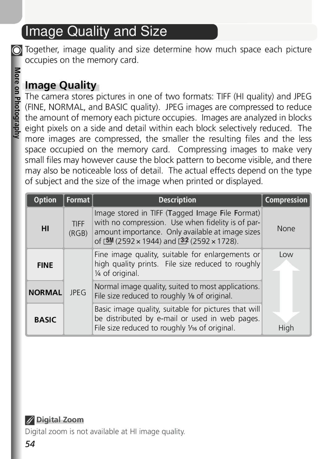 Nikon COOLPIX5400 manual Image Quality and Size, Option Format Description, Compression 