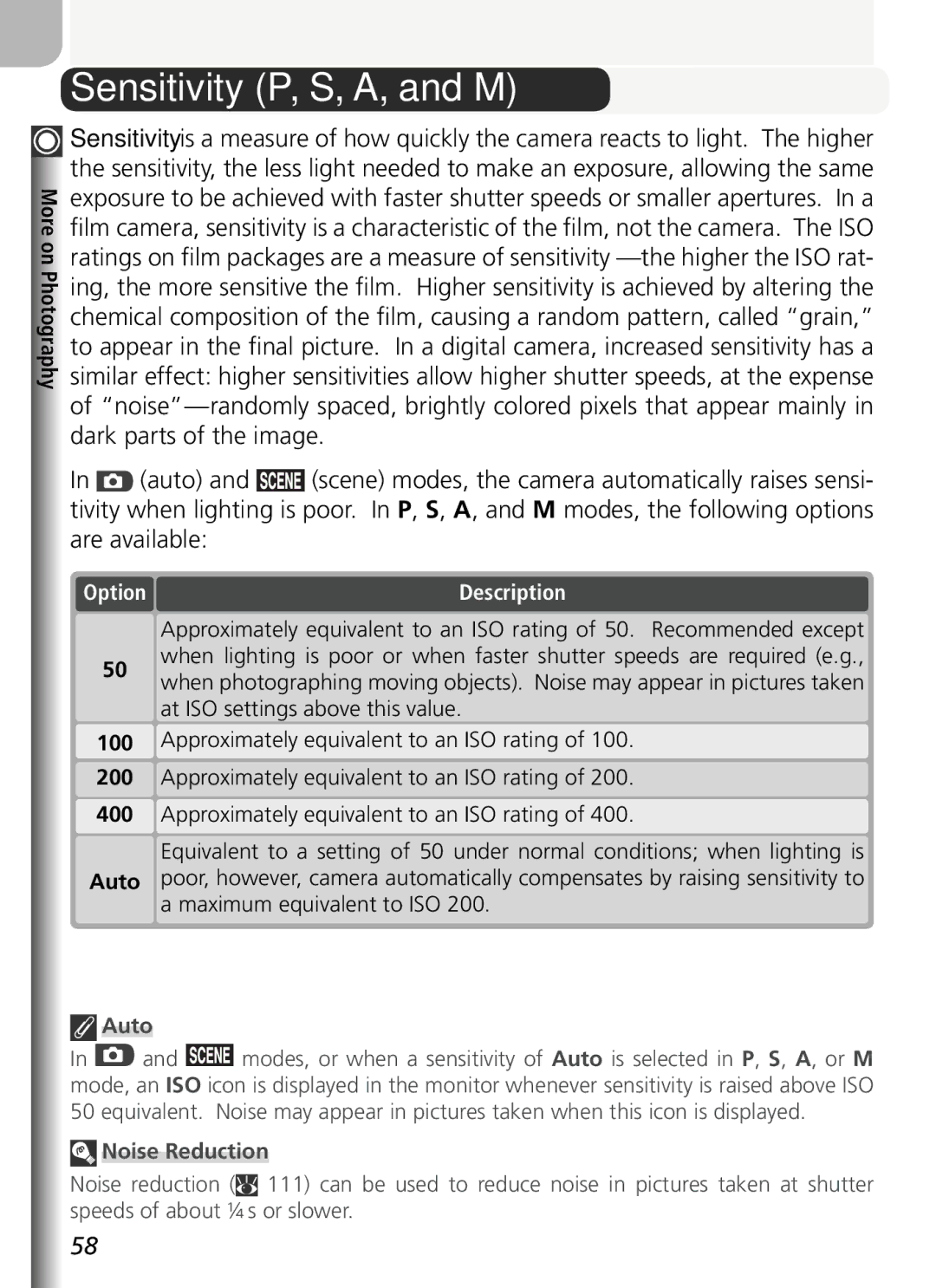 Nikon COOLPIX5400 manual Sensitivity P, S, A, and M, Option, Maximum equivalent to ISO, Auto 