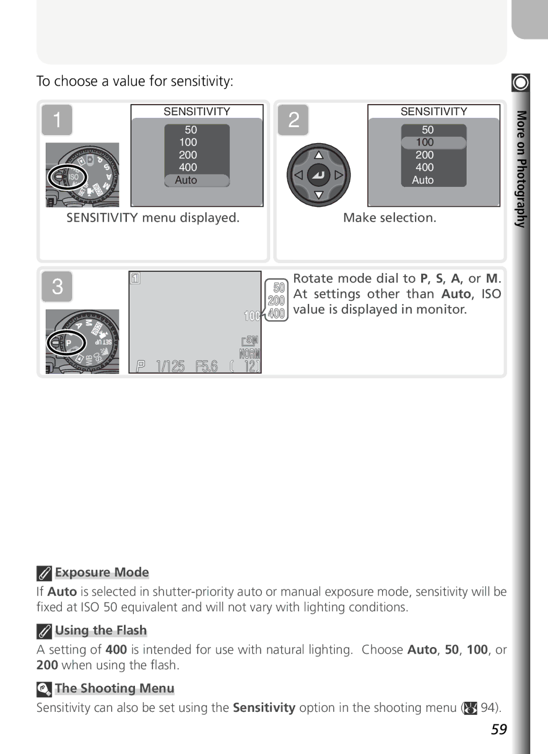 Nikon COOLPIX5400 manual To choose a value for sensitivity, Exposure Mode, Using the Flash 