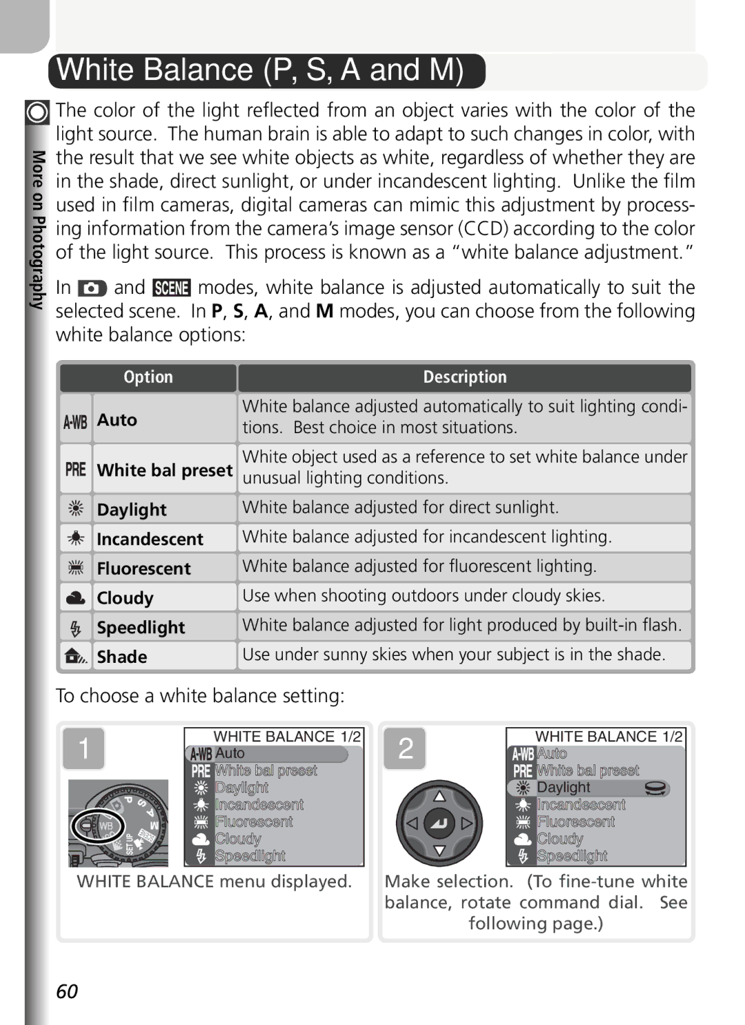 Nikon COOLPIX5400 manual White Balance P, S, a and M, To choose a white balance setting 