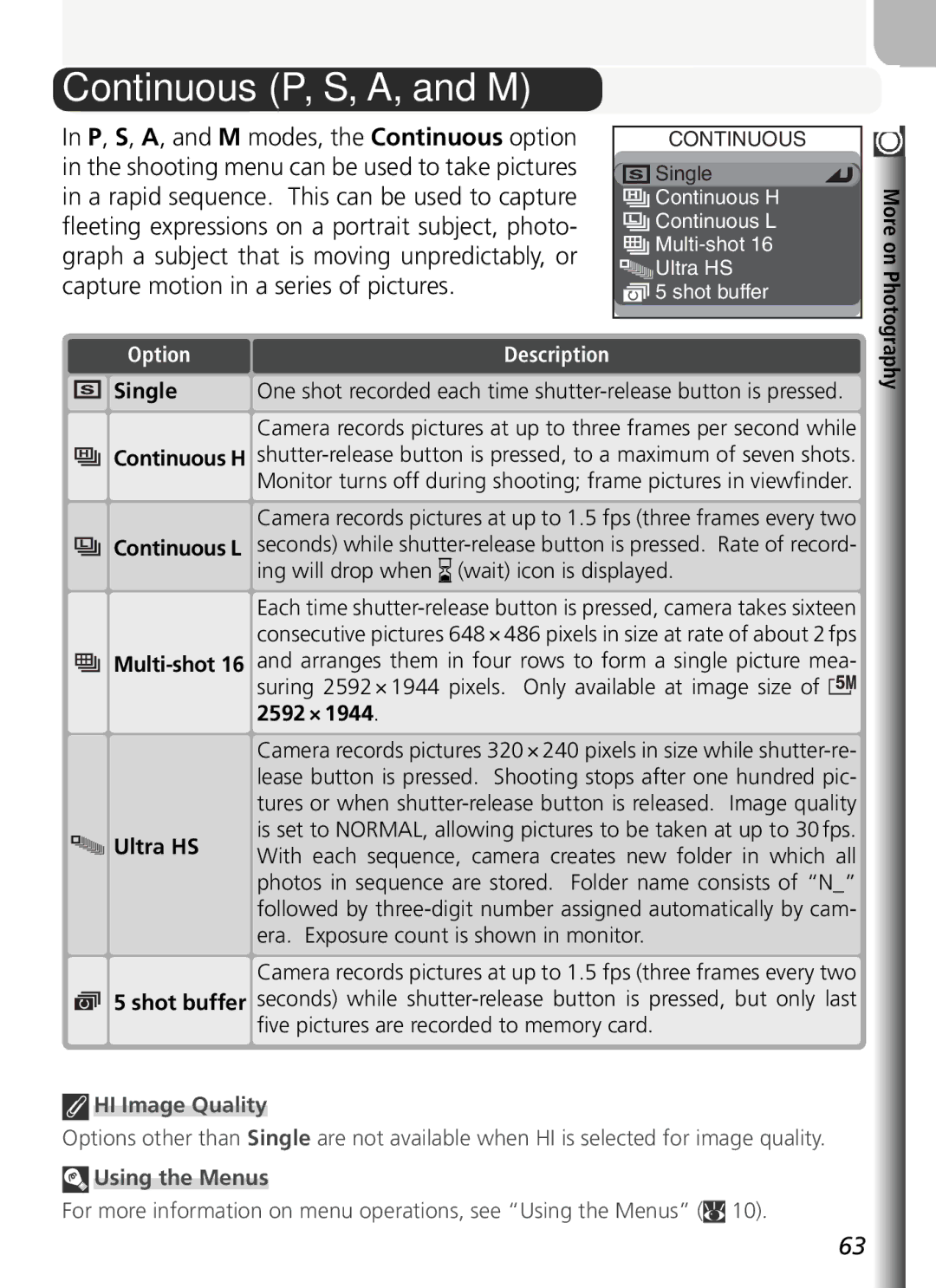 Nikon COOLPIX5400 manual Continuous P, S, A, and M, Single, Ultra HS Shot buffer, HI Image Quality, Using the Menus 