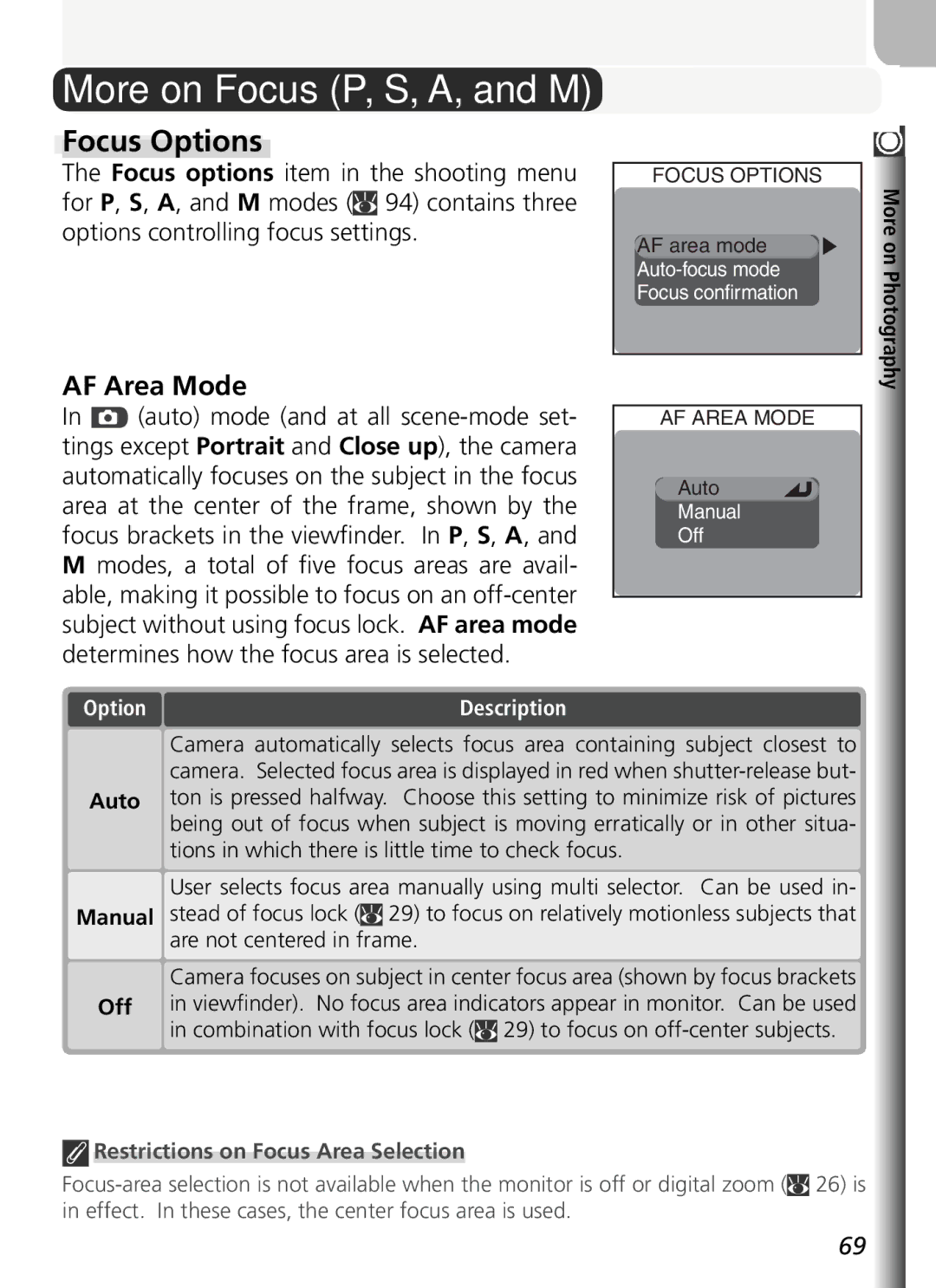 Nikon COOLPIX5400 manual Focus Options, AF Area Mode, Auto Manual Off, Restrictions on Focus Area Selection 