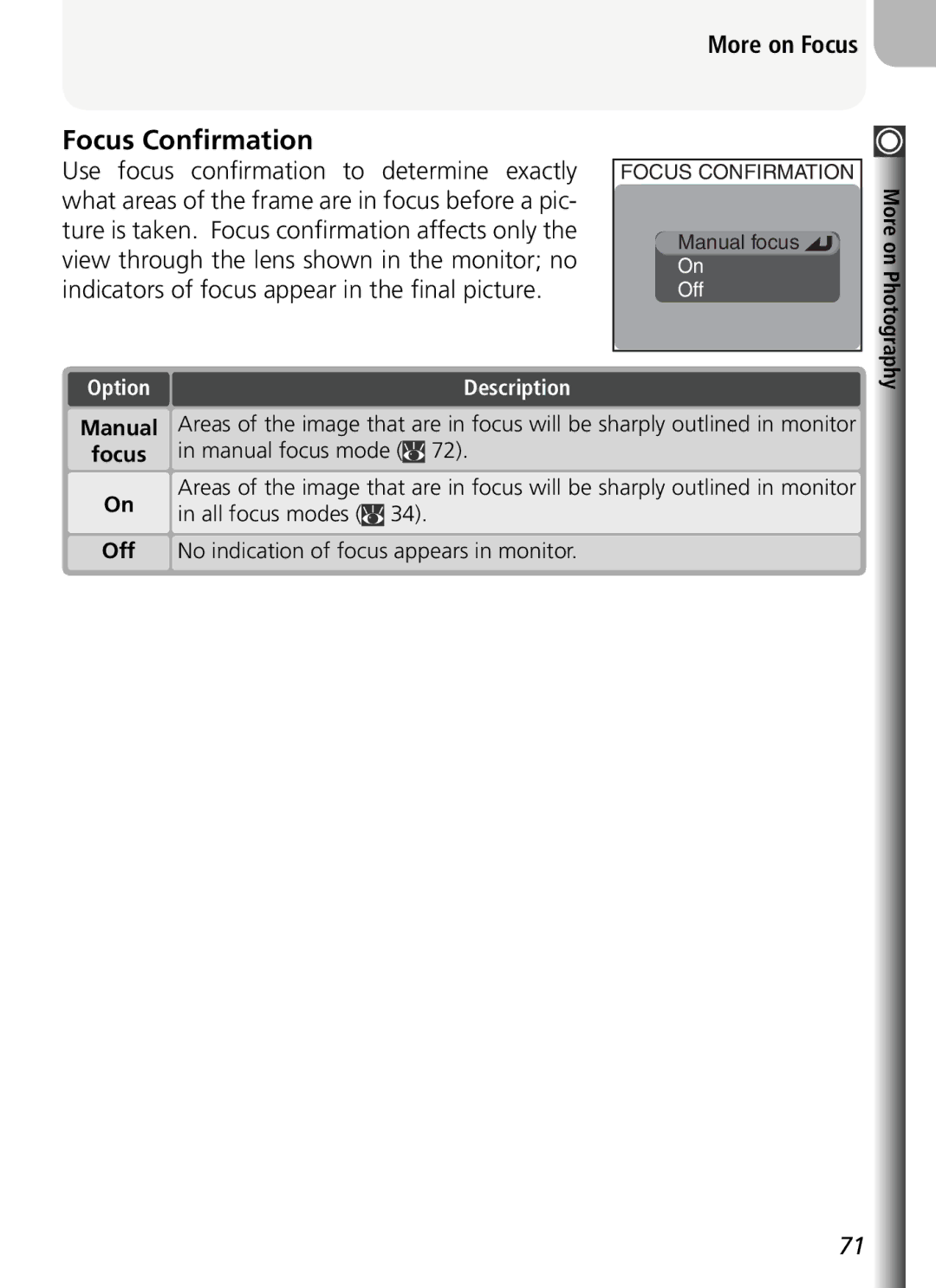 Nikon COOLPIX5400 Focus Conﬁrmation, Manual focus mode, All focus modes, Off No indication of focus appears in monitor 