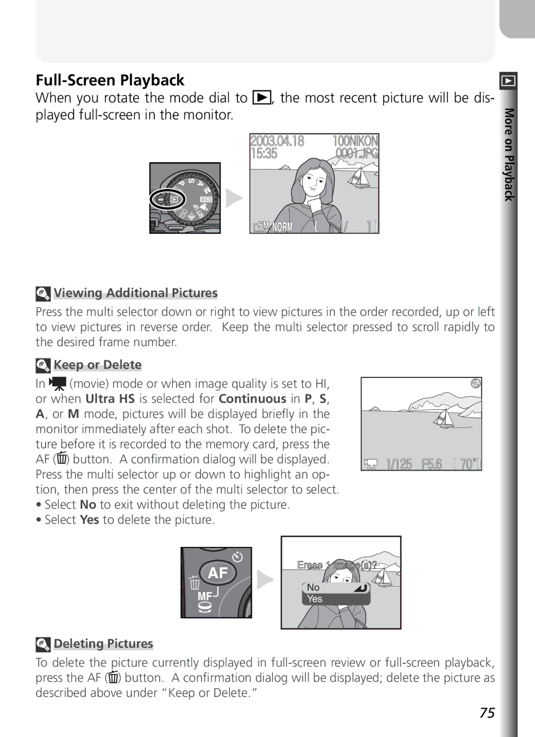 Nikon COOLPIX5400 manual Full-Screen Playback, Viewing Additional Pictures, Keep or Delete, Deleting Pictures 