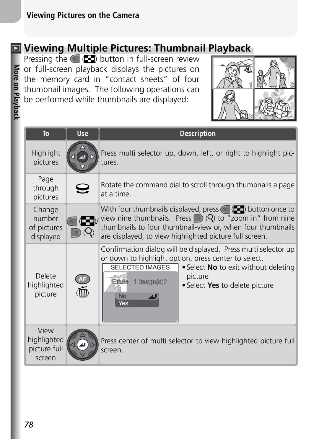 Nikon COOLPIX5400 Viewing Multiple Pictures Thumbnail Playback, Pressing, Be performed while thumbnails are displayed 