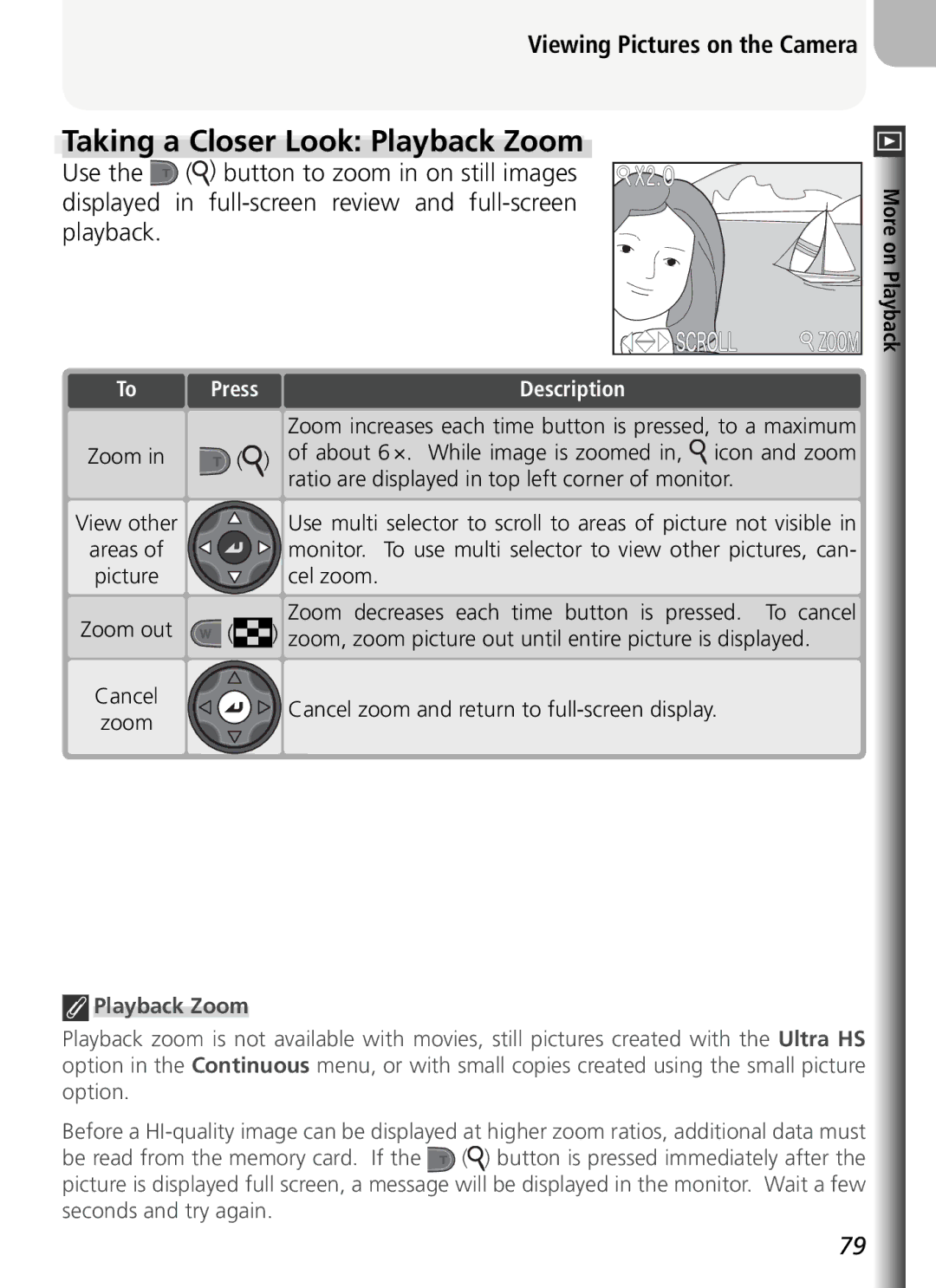 Nikon COOLPIX5400 manual Taking a Closer Look Playback Zoom, Press, Zoom View other Areas Picture Zoom out Cancel 