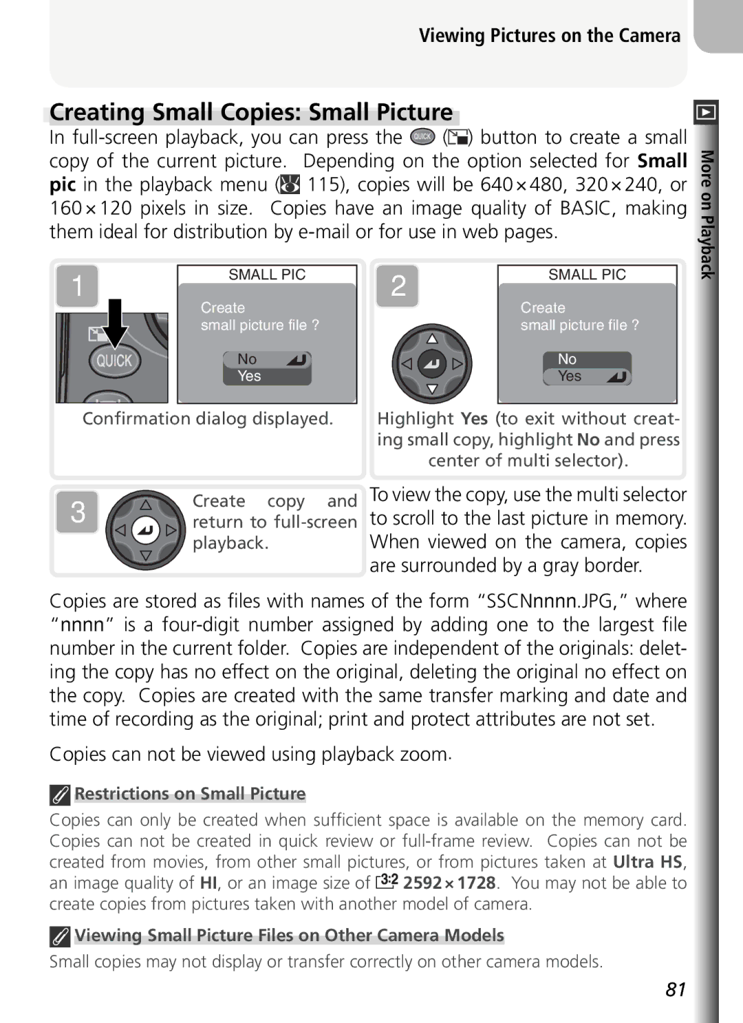 Nikon COOLPIX5400 manual Creating Small Copies Small Picture, Copies can not be viewed using playback zoom 