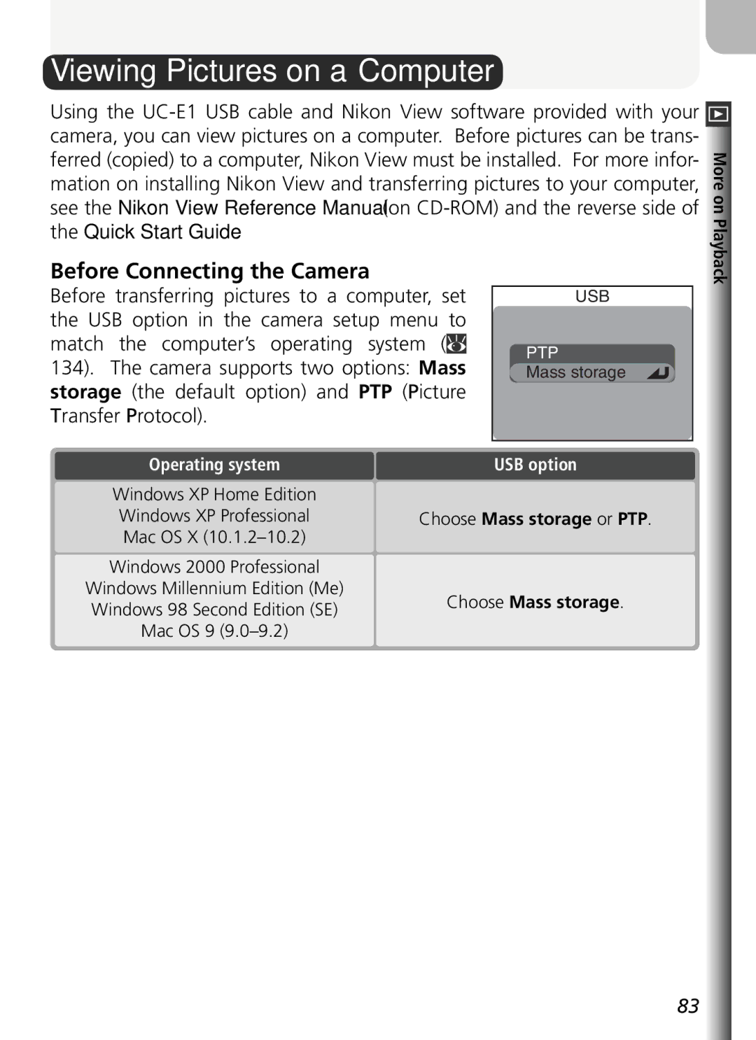 Nikon COOLPIX5400 manual Viewing Pictures on a Computer, Before Connecting the Camera, Operating system, USB option 