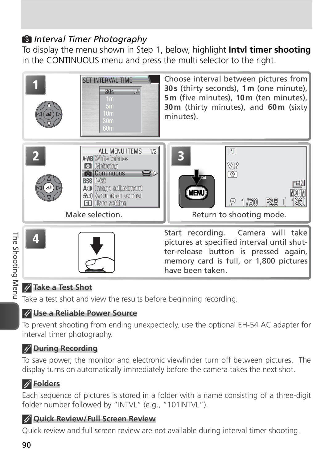 Nikon COOLPIX8800 manual Interval Timer Photography, Make selection Return to shooting mode, Folders 