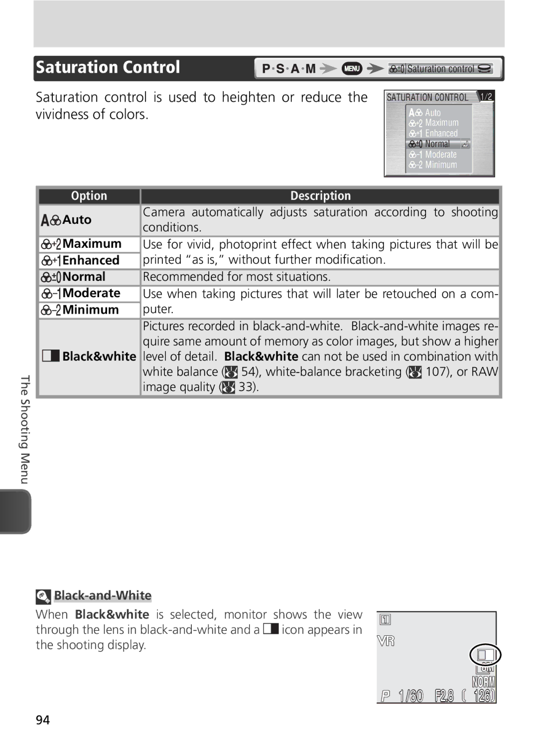 Nikon COOLPIX8800 manual Saturation Control, Conditions, Moderate, Minimum Puter, Black-and-White 