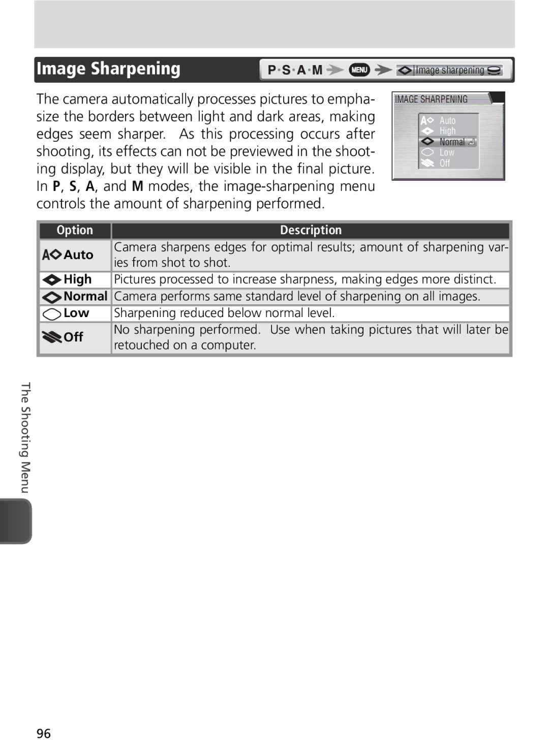 Nikon COOLPIX8800 manual Image Sharpening, Ies from shot to shot, High, Retouched on a computer 