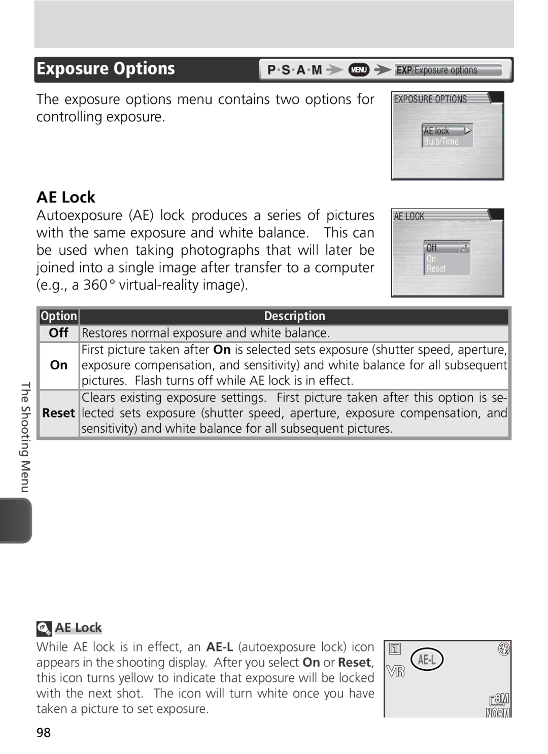 Nikon COOLPIX8800 manual Exposure Options, AE Lock, While AE lock is in effect, an AE-Lautoexposure lock icon 