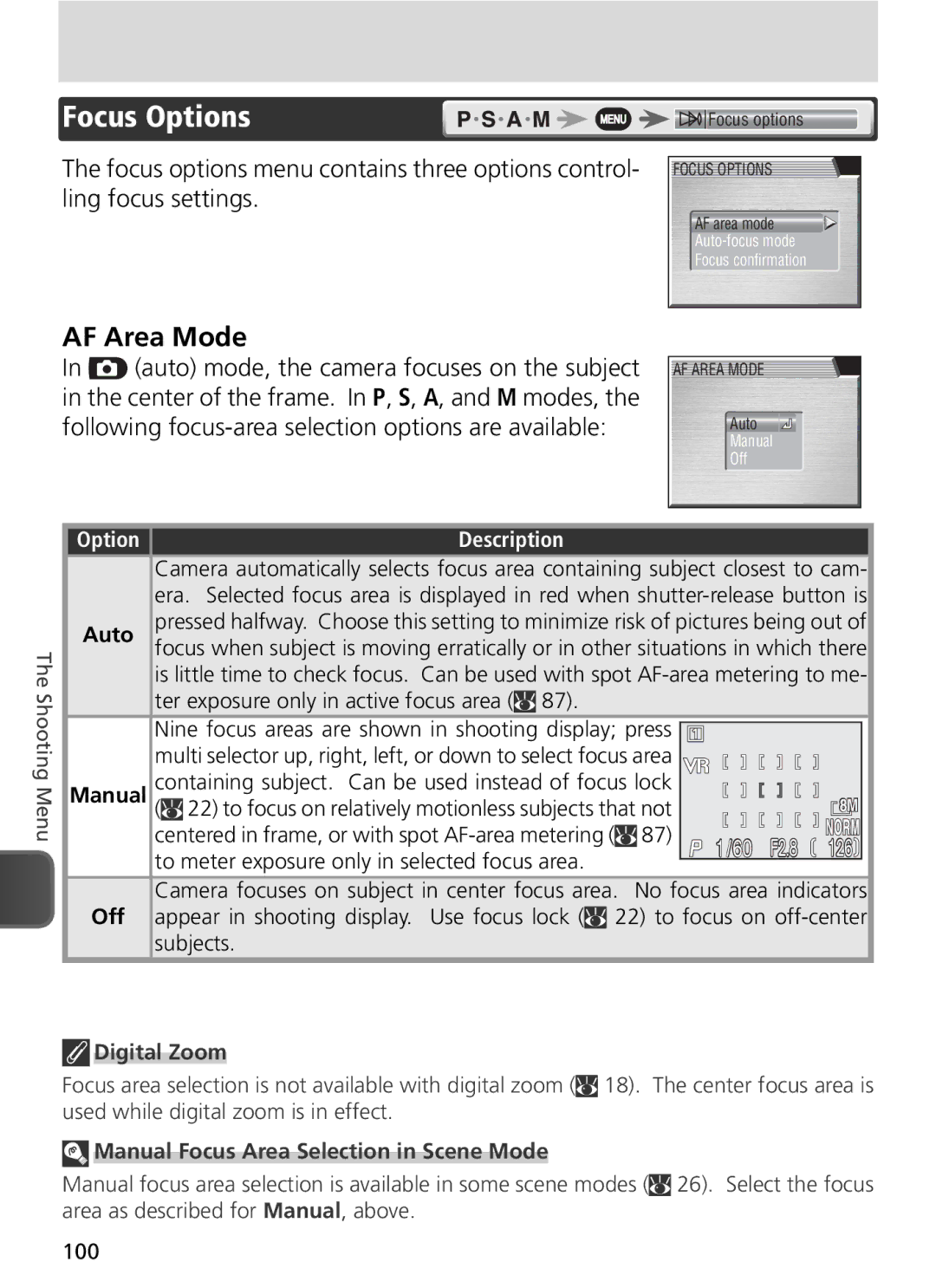 Nikon COOLPIX8800 manual Focus Options, AF Area Mode, Manual Focus Area Selection in Scene Mode 