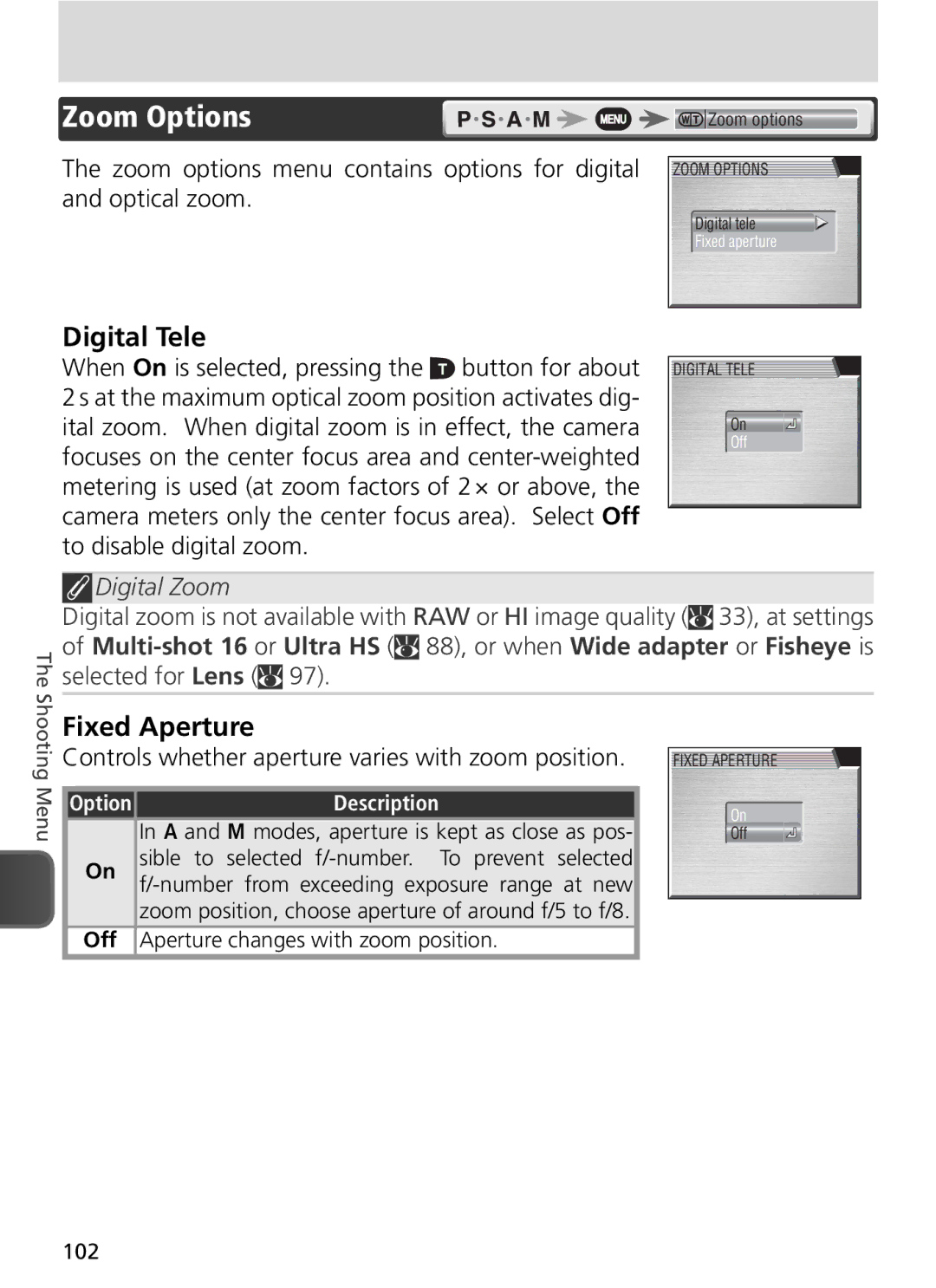 Nikon COOLPIX8800 manual Zoom Options, Digital Tele, Fixed Aperture, Controls whether aperture varies with zoom position 