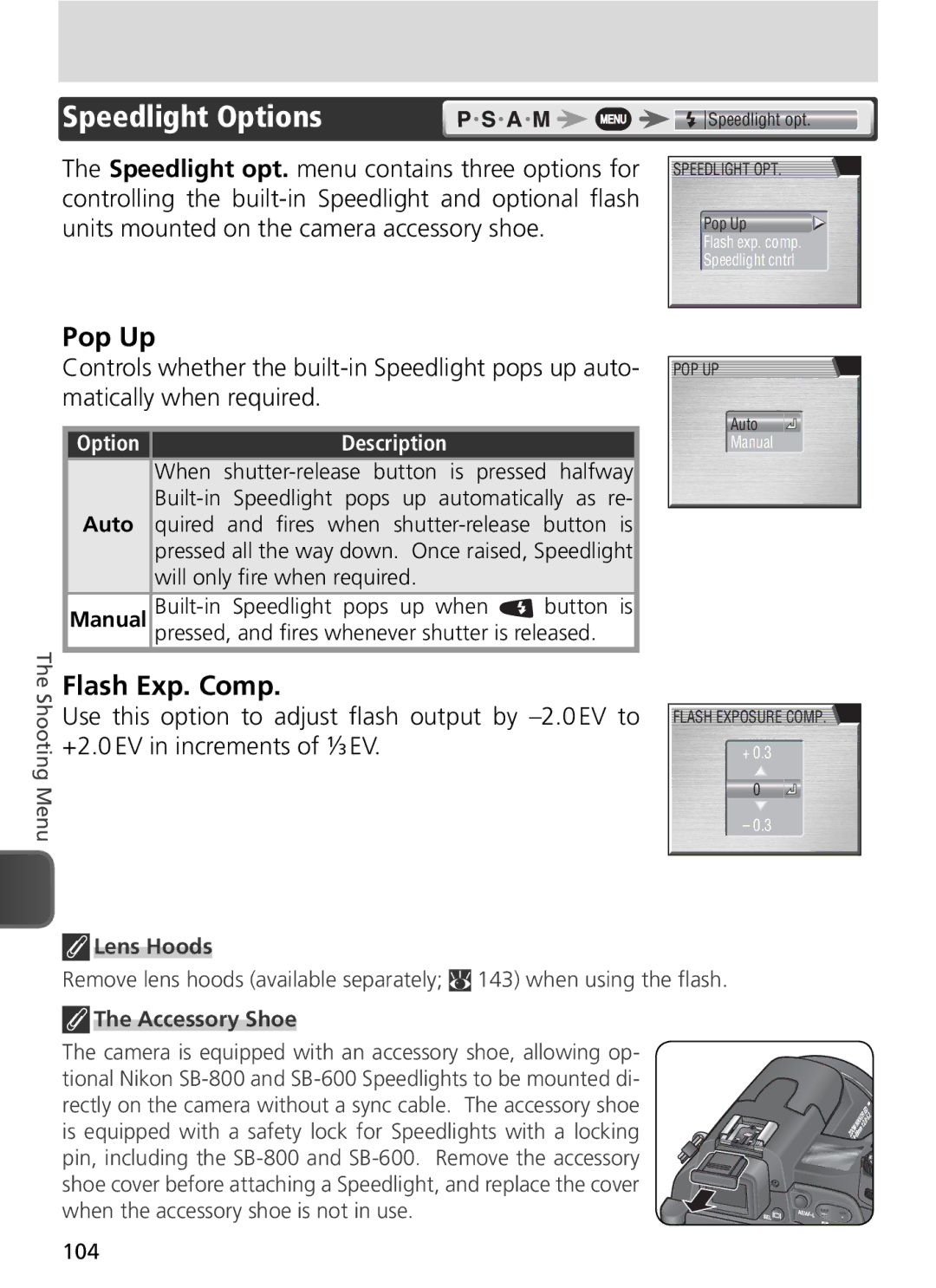 Nikon COOLPIX8800 manual Speedlight Options, Pop Up, Flash Exp. Comp, Accessory Shoe 