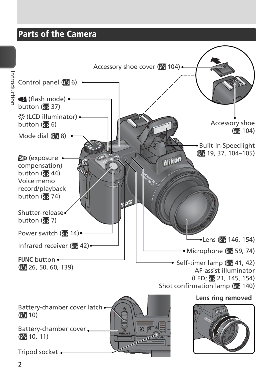 Nikon COOLPIX8800 manual Parts of the Camera, Lens ring removed, Battery-chamber cover latch Tripod socket 