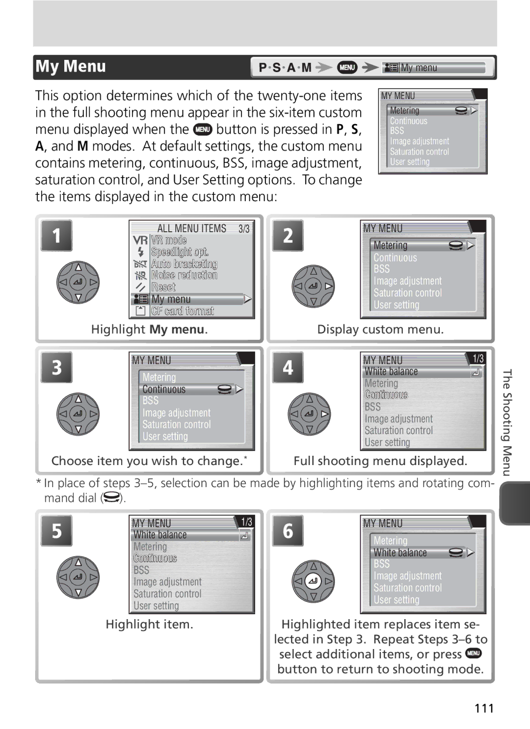 Nikon COOLPIX8800 manual My Menu, Highlight My menu Display custom menu 