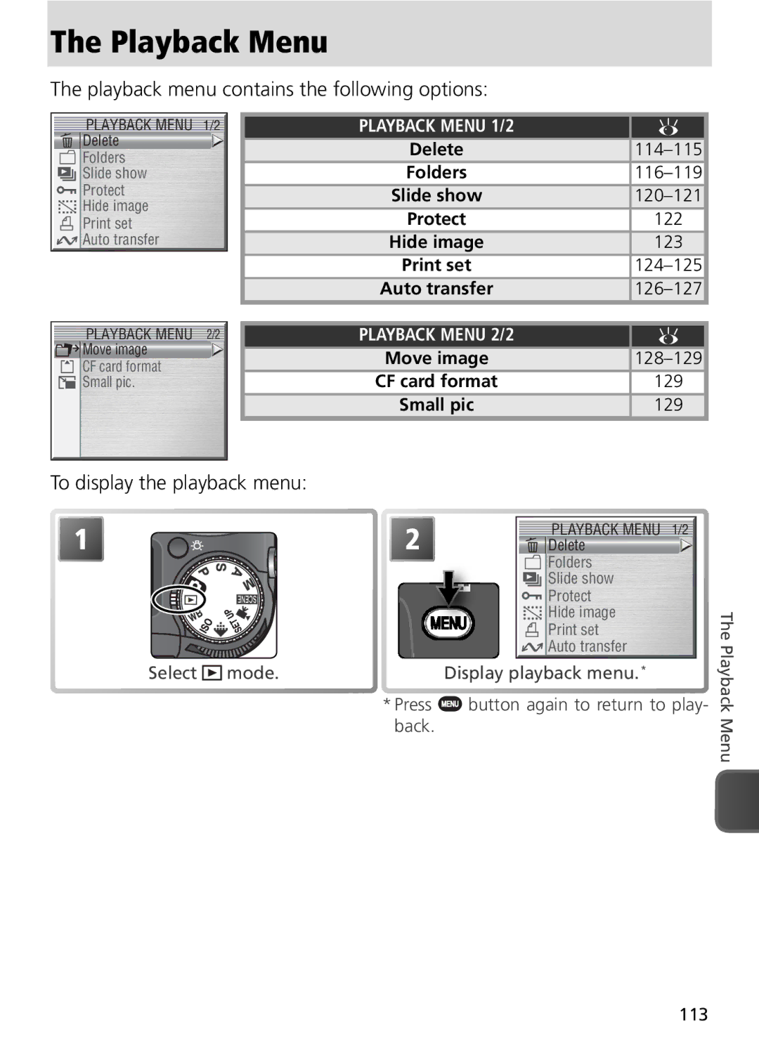 Nikon COOLPIX8800 manual Playback Menu, Playback menu contains the following options, To display the playback menu 