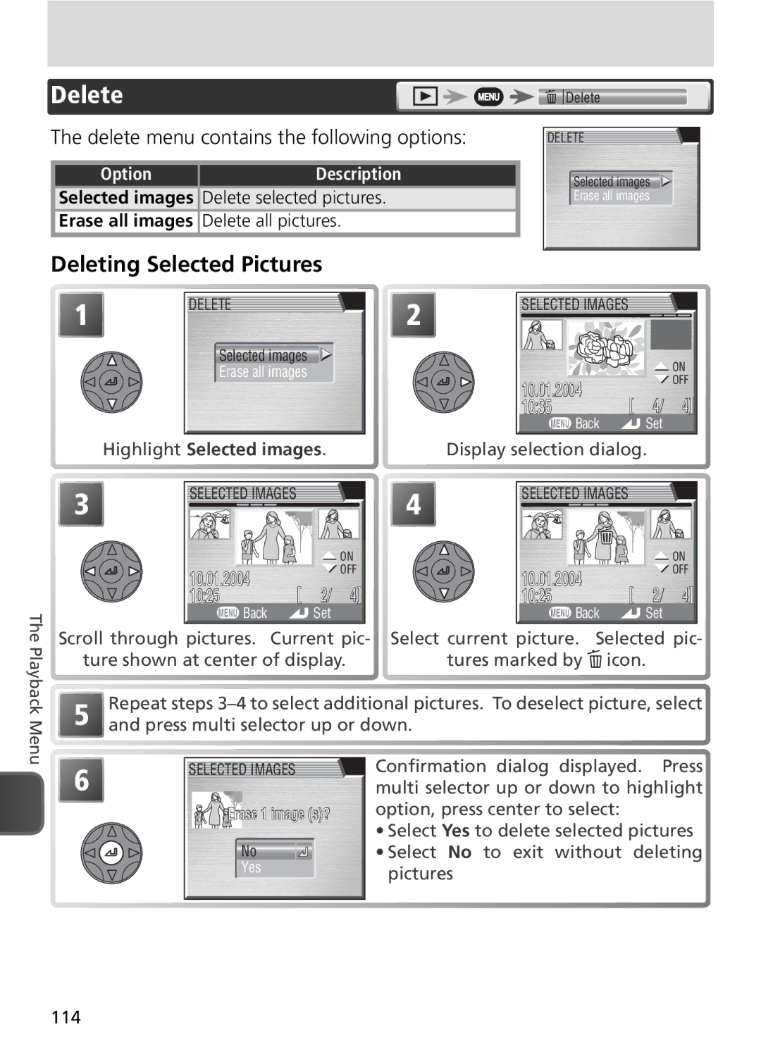 Nikon COOLPIX8800 Deleting Selected Pictures, Delete menu contains the following options, Highlight Selected images 