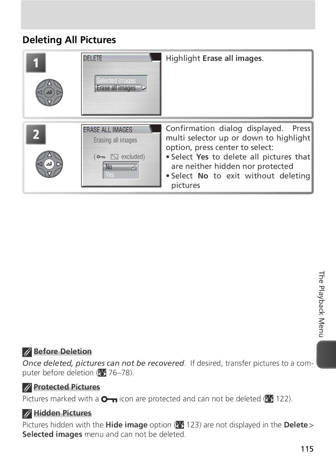 Nikon COOLPIX8800 Deleting All Pictures, Highlight Erase all images, Before Deletion, Protected Pictures, Hidden Pictures 