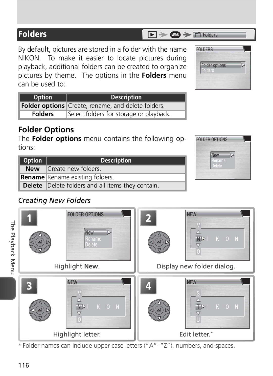 Nikon COOLPIX8800 manual Folder Options, Folder options menu contains the following op- tions, Creating New Folders 