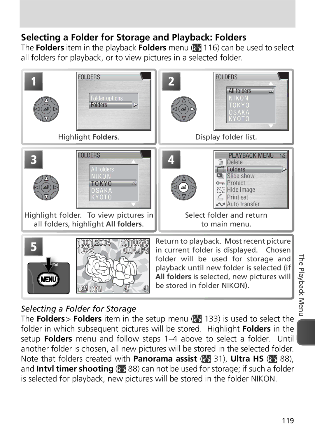 Nikon COOLPIX8800 manual Selecting a Folder for Storage and Playback Folders, Highlight Folders Display folder list, 119 