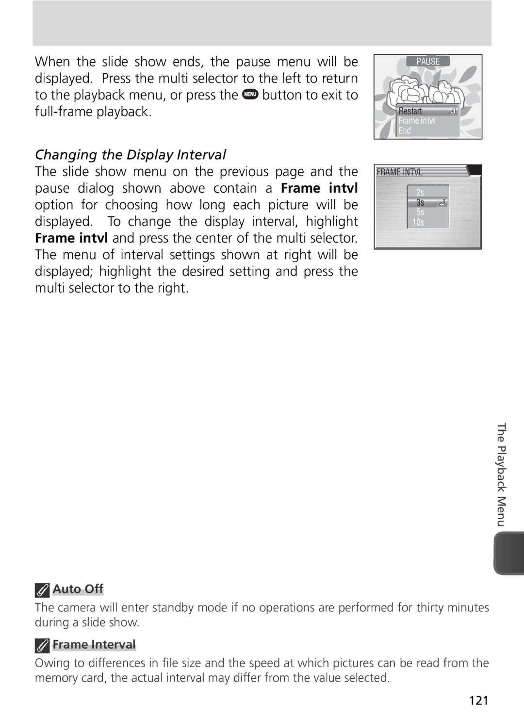 Nikon COOLPIX8800 manual Changing the Display Interval, Auto Off, Frame Interval, 121 