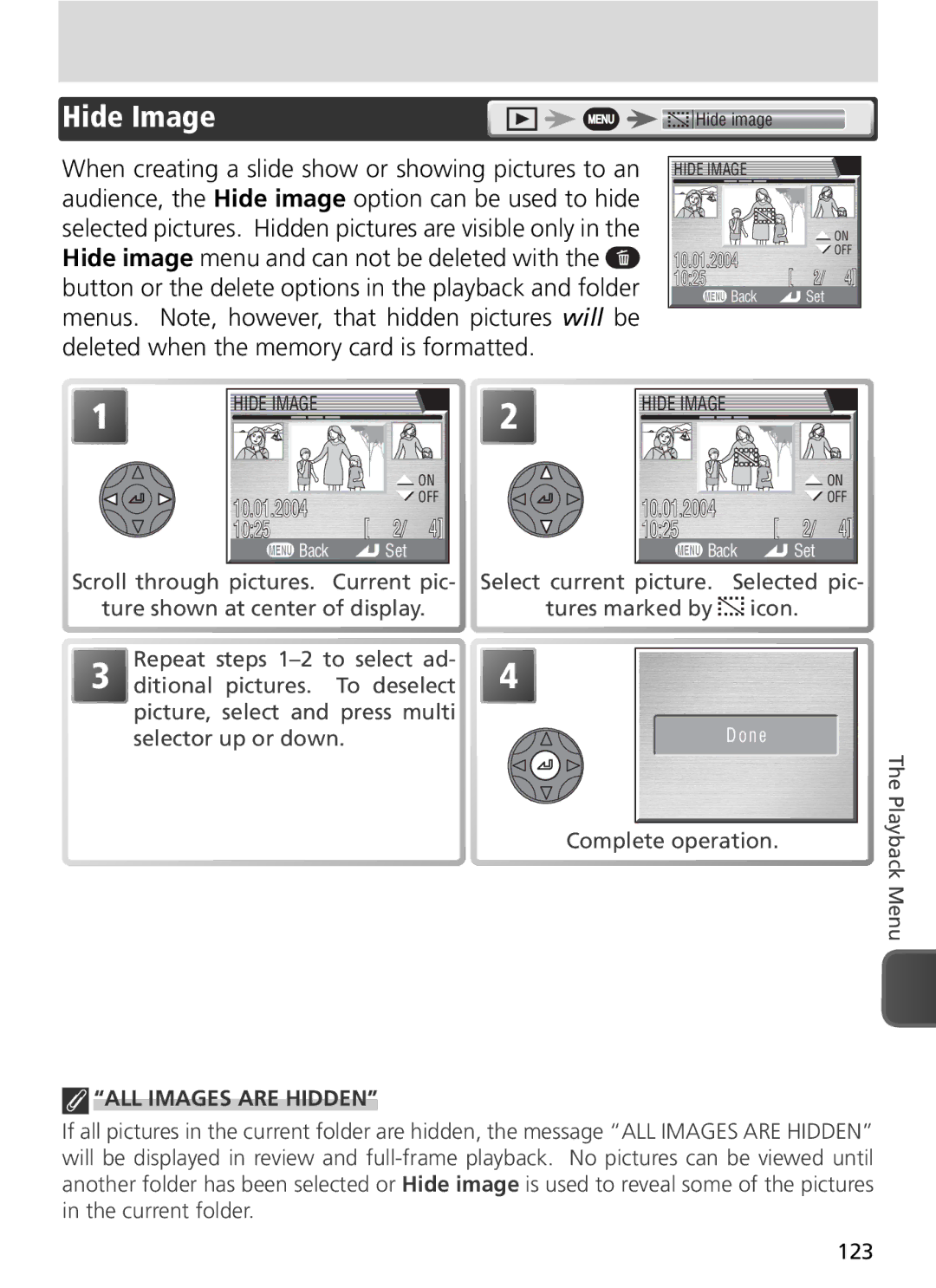 Nikon COOLPIX8800 manual Hide Image, ALL Images are Hidden 