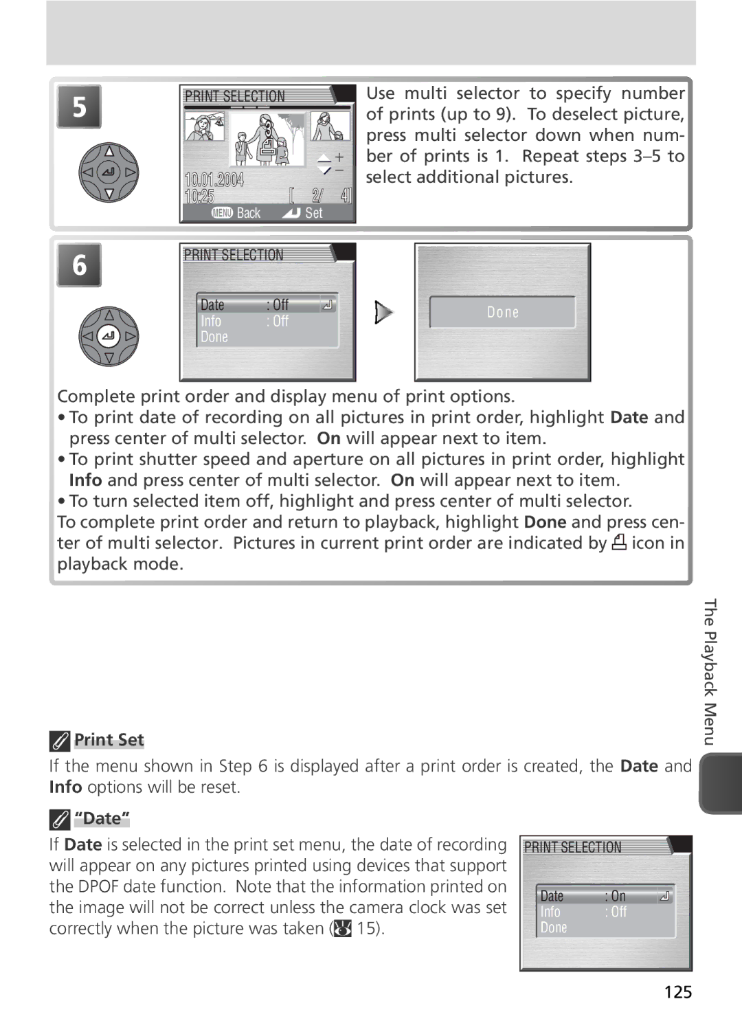 Nikon COOLPIX8800 manual Print Set, Date, 125 