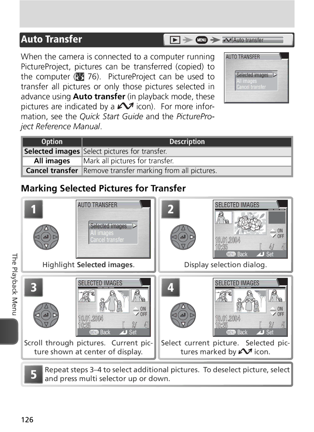 Nikon COOLPIX8800 manual Auto Transfer, Marking Selected Pictures for Transfer, Select pictures for transfer 