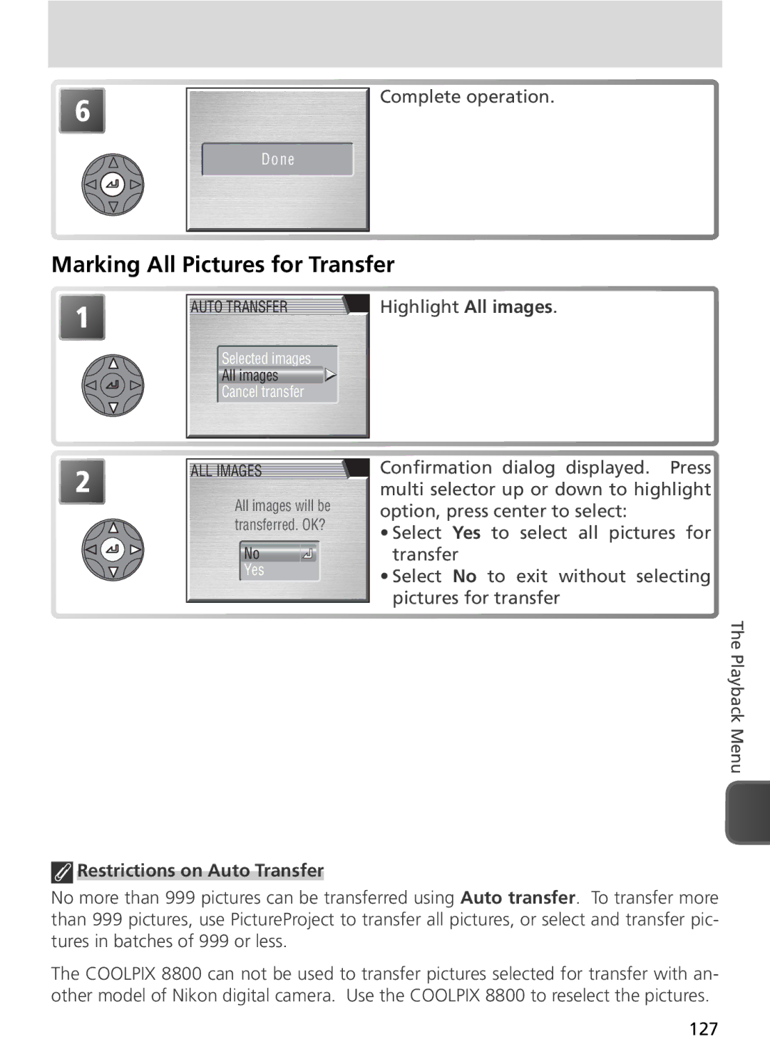 Nikon COOLPIX8800 manual Marking All Pictures for Transfer, Highlight All images, Restrictions on Auto Transfer, 127 