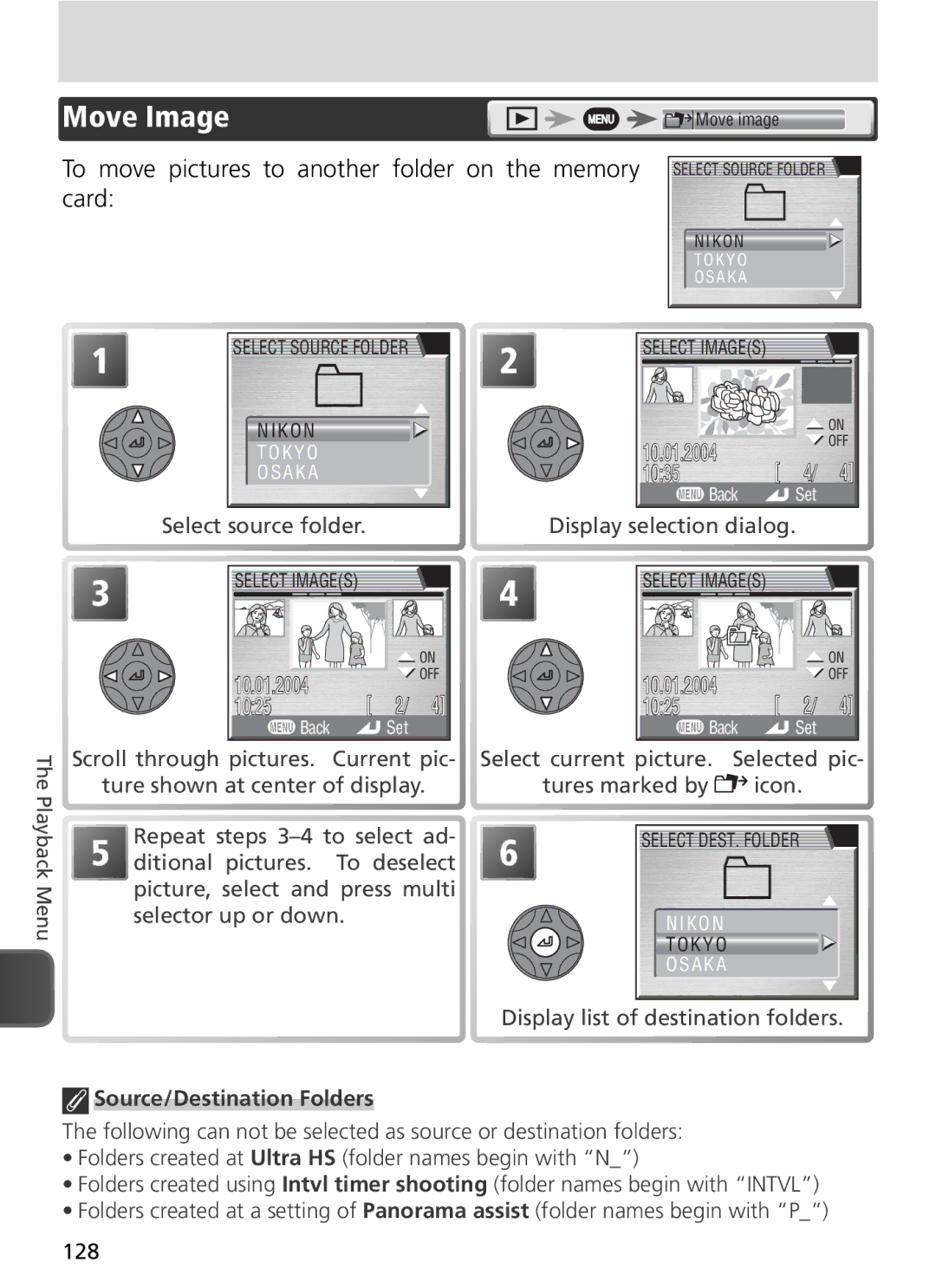 Nikon COOLPIX8800 manual Move Image, To move pictures to another folder on the memory card, Select source folder 