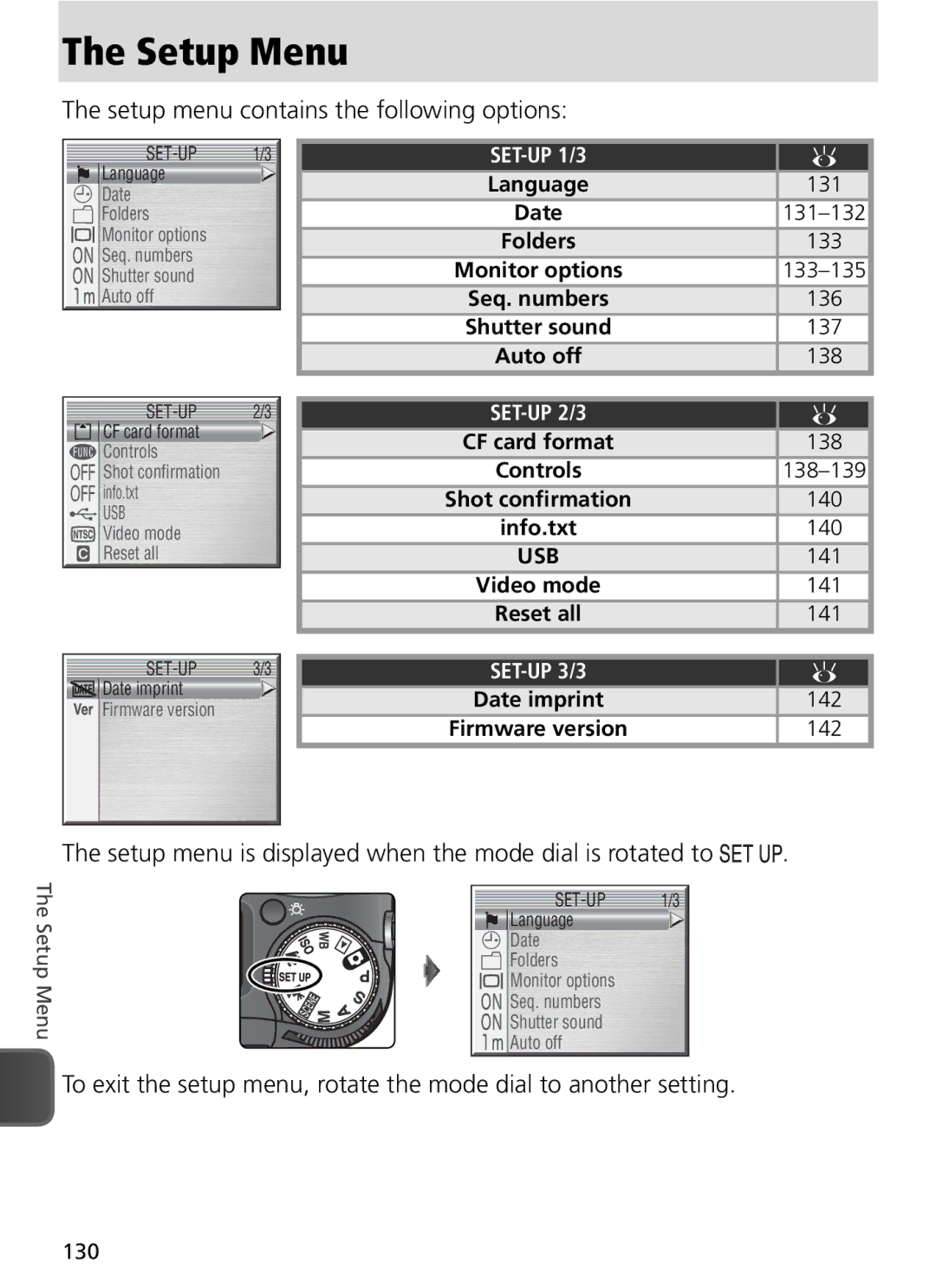 Nikon COOLPIX8800 manual Setup Menu, Setup menu contains the following options 