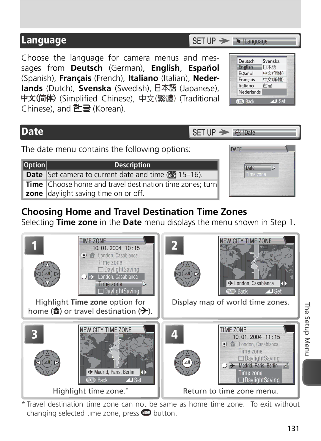 Nikon COOLPIX8800 manual Language, Date, Choosing Home and Travel Destination Time Zones, Chinese, and Korean 