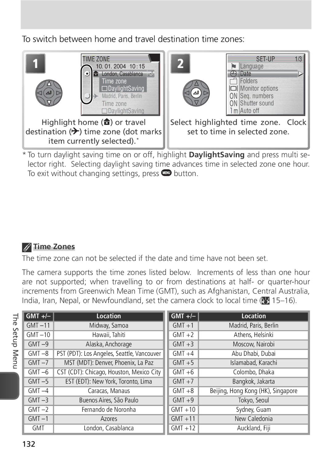 Nikon COOLPIX8800 manual To switch between home and travel destination time zones, Time Zones, 132 